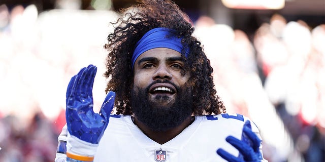 Ezekiel Elliott #21 of the Dallas Cowboys reacts during the NFL Divisional Round Playoff football game between the San Francisco 49ers and the Dallas Cowboys at Levi's Stadium on January 22, 2023 in Santa Clara, California.