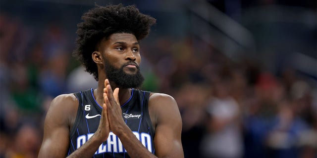 Jonathan Isaac, #1 of the Orlando Magic, looks on during a game against the Boston Celtics at the Amway Center on January 23, 2023 in Orlando, Florida. 