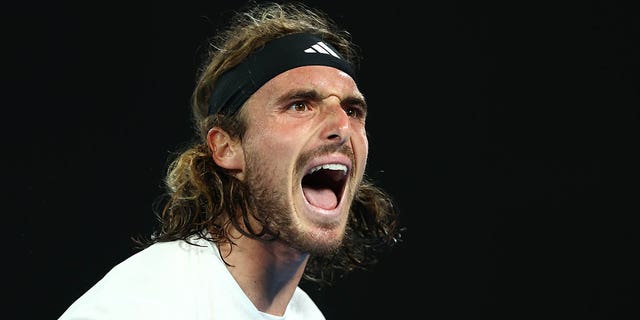 Stefanos Tsitsipas of Greece reacts in the quarterfinal singles match against Jiri Lehecka of the Czech Republic during day nine of the Australian Open 2023 at Melbourne Park on January 24, 2023 in Melbourne, Australia. 