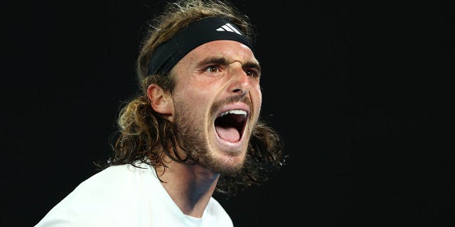 Stefanos Tsitsipas of Greece reacts in the quarterfinal singles match against Jiri Lehecka of the Czech Republic during day nine of the Australian Open 2023 at Melbourne Park on January 24, 2023 in Melbourne, Australia. 