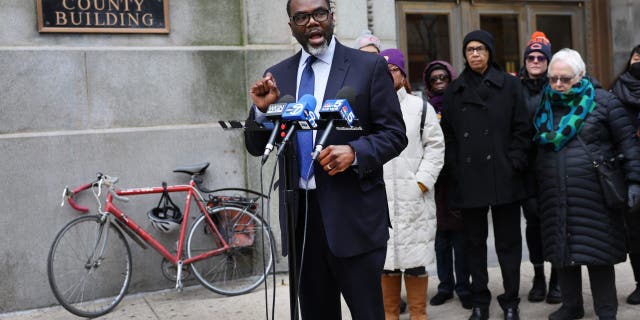 Chicago mayoral candidate and Cook County commissioner Brandon Johnson speaks during a press conference outside city hall to explain his proposed agenda if elected mayor on Jan. 24, 2023, in Chicago.