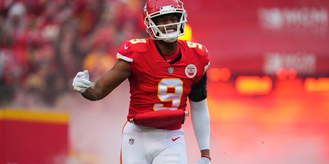 JuJu Smith-Schuster of the Kansas City Chiefs runs the field during the introductions against the Jacksonville Jaguars at GEHA Field at Arrowhead Stadium on January 21, 2023 in Kansas City, Mo. 