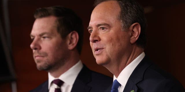U.S. Rep. Adam Schiff (D-CA) (R), joined by Rep. Eric Swalwell (D-CA), speaks at a press conference on committee assignments for the 118th U.S. Congress, at the U.S. Capitol Building on January 25, 2023, in Washington, D.C.
