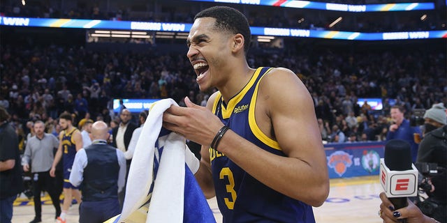 Jordan Poole of the Golden State Warriors celebrates after a win against the Memphis Grizzlies at Chase Center on Jan. 25, 2023, in San Francisco. 