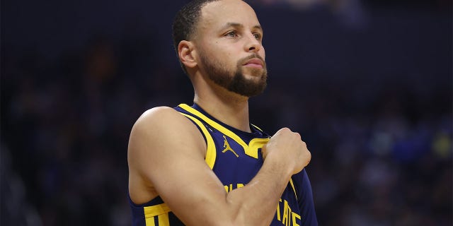 Golden State Warriors number 30 Stephen Curry looks on in the first quarter against the Memphis Grizzlies at Chase Center on January 25, 2023 in San Francisco, California. 