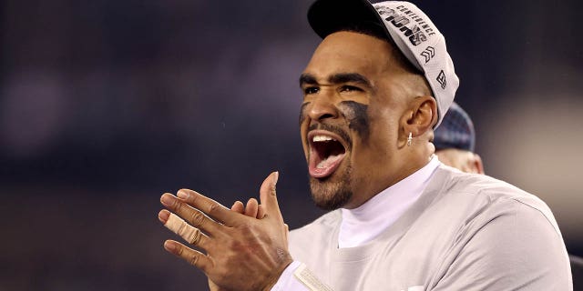 Jalen Hurts #1 of the Philadelphia Eagles celebrates after defeating the San Francisco 49ers to win the NFC Championship Game at Lincoln Financial Field on January 29, 2023 in Philadelphia, Pennsylvania.  The Philadelphia Eagles defeated the San Francisco 49ers by a score of 31-7. 