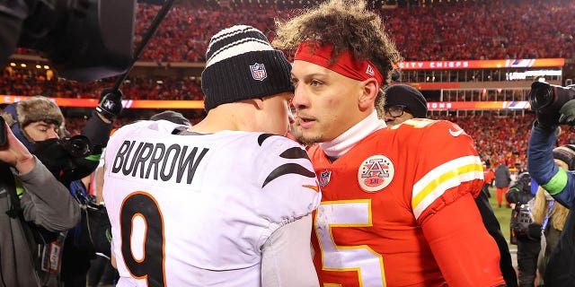 Joe Burrow and Patrick Mahomes embrace after the AFC title game