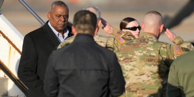 Secretary of Defense Lloyd Austin arrives at Osan Air Base on Jan. 30, 2023, in Pyeongtaek, South Korea.