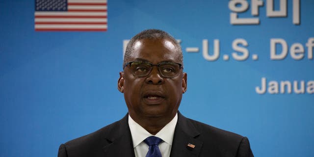 Secretary of Defense Lloyd Austin, pictured, attends a press conference with South Korean Defense Minister Lee Jong-sup at the Defense Ministry on Jan. 31, 2023, in Seoul, South Korea.