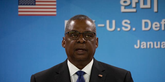 Secretary of Defense Lloyd Austin, pictured, attends a press conference with South Korean Defense Minister Lee Jong-sup at the Defense Ministry on Jan. 31, 2023, in Seoul, South Korea.