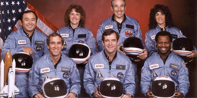 This November 1985 file provided by NASA shows the crew of the U.S space shuttle Challenger. Front row, from left: astronauts Mike Smith, Dick Scobee, Ron McNair; back row, from left: Ellison Onizuka, schoolteacher Christa McAuliffe, Greg Jarvis and Judith Resnik.