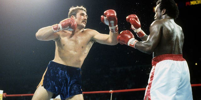 Gerrie Coetzee, izquierda, lanza un puñetazo de izquierda contra Michael Dokes durante la pelea en Richfield Coliseum en Richfield, Ohio.  Coetzee ganó el título mundial de peso pesado de la AMB por nocaut en el décimo asalto.