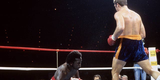 Gerrie Coetzee, a la derecha, derriba a Michael Dokes durante la pelea en Richfield Coliseum en Richfield, Ohio.  Coetzee ganó el título mundial de peso pesado de la AMB por nocaut en el décimo asalto. 