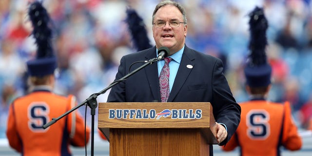 John Murphy, the voice of the Bills, speaks to the crowd before a game between the Buffalo Bills and the Miami Dolphins at Ralph Wilson Stadium on September 14, 2014 in Orchard Park, NY 