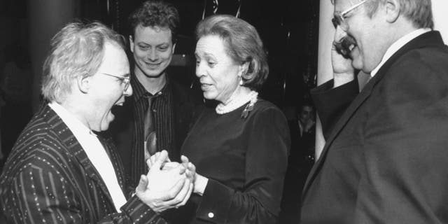 Elaine Steinbeck, wife of author John Steinbeck, with Gary Sinise, set designer Kevin Rigdon and director Frank Galati