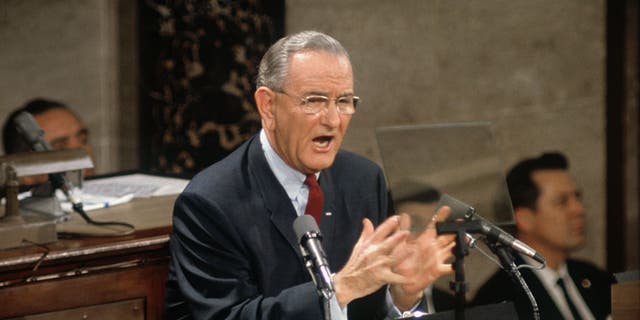 President Lyndon B. Johnson delivering a State of the Union message to a joint session of Congress. LBJ outlined his vision of a 