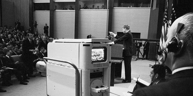 President Kennedy was the first chief executive to allow his press conferences to be televised live from the State Dept. Building — or anywhere else.