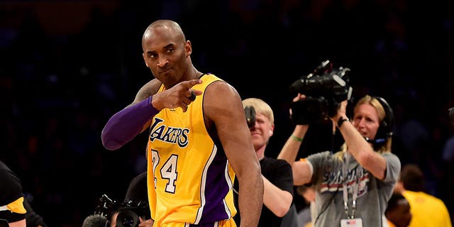 Kobe Bryant #24 of the Los Angeles Lakers reacts before taking on the Utah Jazz at Staples Center on April 13, 2016, in Los Angeles, California.