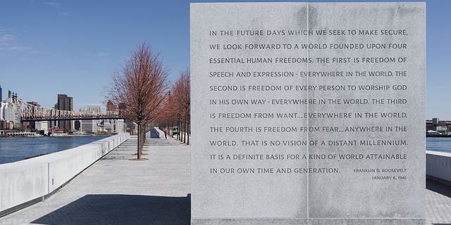 Franklin D. Roosevelt Four Freedoms Park on Roosevelt Island in New York. The park is the first memorial dedicated to the former president in his home state of New York. Located on the southern tip of Roosevelt Island in New York City, it is the last work of the late Louis I. Kahn, an iconic architect of the 20th century. The Park celebrates the Four Freedoms.