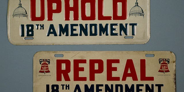 Both sides of the prohibition issue were expressed in a variety of novelties, including automatic accessories. The 18th Amendment became law in 1920 as a result of the National Prohibition Act or Volstead Act passed by Congress in 1919 over President Wilson's veto.
