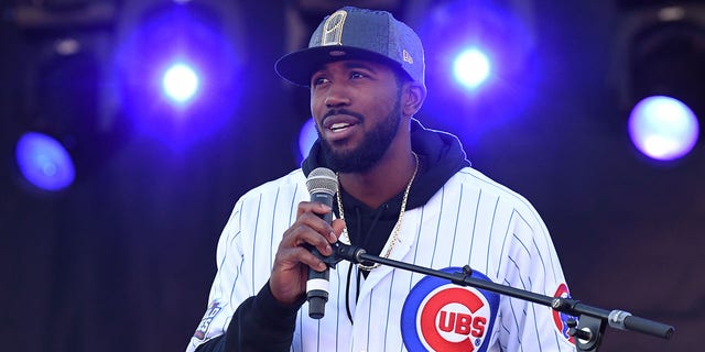 Chicago Cubs center fielder Dexter Fowler during the Chicago Cubs' World Series victory rally at Grant Park in Chicago, Nov. 4, 2016. 