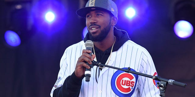 Chicago Cubs center fielder Dexter Fowler during the Chicago Cubs' World Series victory rally at Grant Park in Chicago, Nov. 4, 2016. 