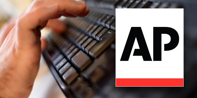 man typing on keyboard, ap logo inset