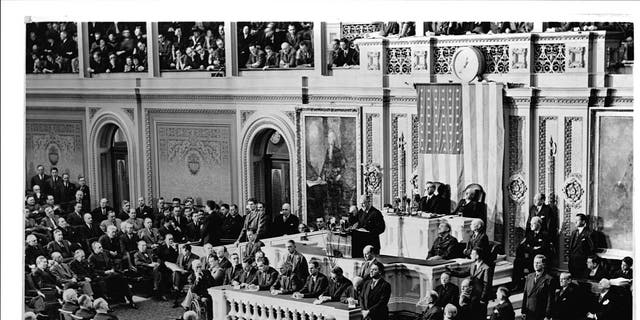President Franklin Roosevelt delivers his State of the Union address to a joint session of Congress on Jan. 6, 1941. It would be remembered as his "Four Freedoms" speech.