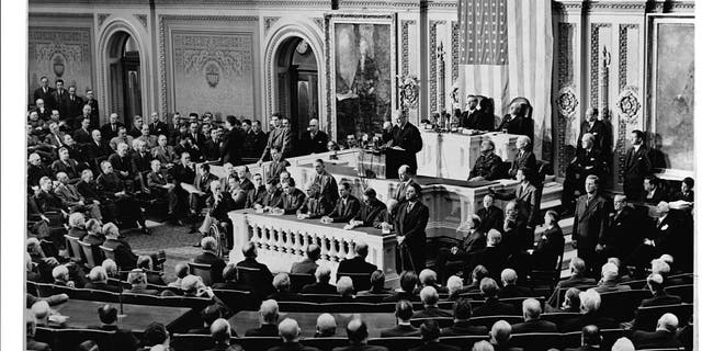 President Franklin Roosevelt delivers his State of the Union address to a joint session of Congress on January 6, 1941. He will be remembered as his 