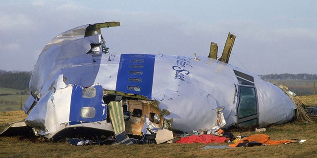 Part of the wreckage of Pan Am Flight 103 after it crashed in Lockerbie, Scotland on December 22, 1988.