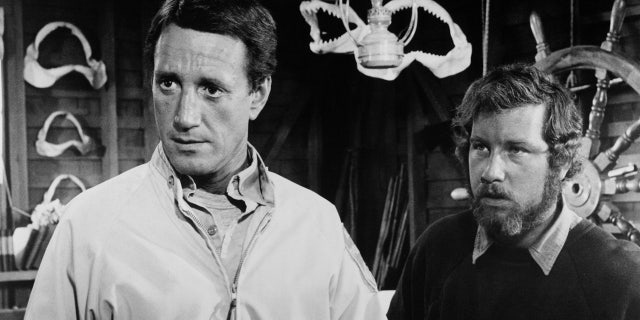 Richard Dreyfuss photographed along Roy Scheider during a scene from the 1975 film "Jaws."