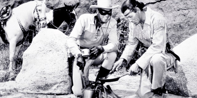 "The Lone Ranger" (1949-57), the adventures of masked hero, The Lone Ranger (Clayton Moore) and his Native American partner, Tonto (Jay Silverheels).