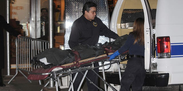 A gurney allegedly with the with body of socialite Gigi Jordan's 8-year-old son Jude Michael Mirra, is wheeled out of the Peninsula Hotel February 5, 2010, in New York City. According to reports, the boy was found dead in a room of the luxury hotel after an alleged botched murder-suicide involving the boy's mother. 