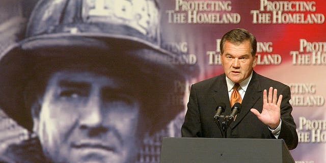 Tom Ridge, the first director of Homeland Security, speaks prior to then-President George W. Bush's address to federal employees at the DAR Constitution Hall on July 10, 2002, in D.C. President Bush talked about the importance of creating a Cabinet-level Homeland Security Department.
