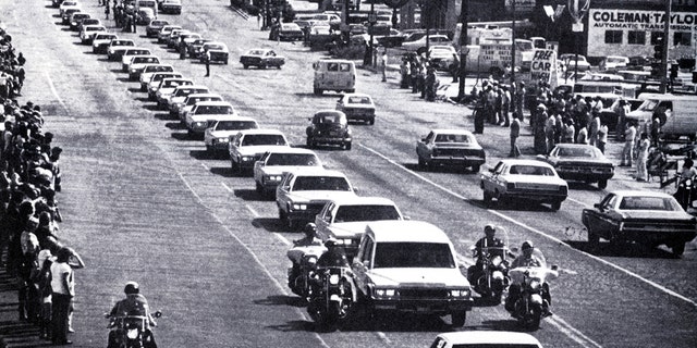 Elvis Presley's funeral cortège in Memphis, Tennessee on August 18, 1977.