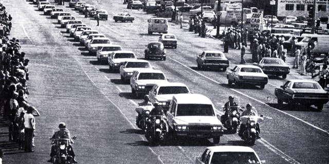 Elvis Presley's funeral cortège in Memphis, Tennessee on August 18, 1977.