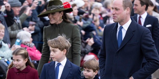 Prince William and Catherine, Princess of Wales with their children Prince George, Princess Charlotte and Prince Louis, attend the Christmas Day service at St Mary Magdalene Church on Dec. 25, 2022, in Sandringham, Norfolk.