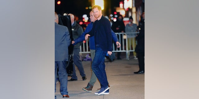 Prince Harry is seen leaving "The Late Show With Stephen Colbert" on Jan. 9, 2023, in New York City.