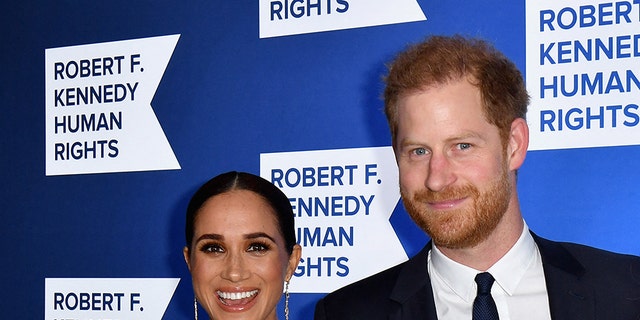 Prince Harry, Duke of Sussex, right, and Meghan, Duchess of Sussex, left, arrive at the 2022 Robert F. Kennedy Human Rights Ripple of Hope Award Gala at the Hilton Midtown in New York on Dec. 6, 2022.