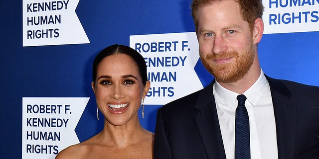 Prince Harry, Duke of Sussex, right, and Meghan, Duchess of Sussex, left, arrive at the 2022 Robert F. Kennedy Human Rights Ripple of Hope Award Gala at the Hilton Midtown in New York on Dec. 6, 2022.