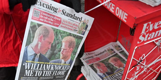 Copies of the Evening Standard newspaper, leading with stories about Prince Harry's strained relationship with Prince William, are placed out for distribution in London on Thursday, ahead of the publication of "Spare."