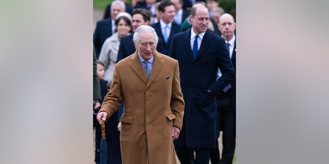 King Charles III, left, and his son Prince William, Prince of Wales attend the Christmas Day service at Sandringham Church on Dec. 25, 2022, in Sandringham, Norfolk. King Charles III ascended to the throne on September 8, 2022, with his coronation set for May 6, 2023.
