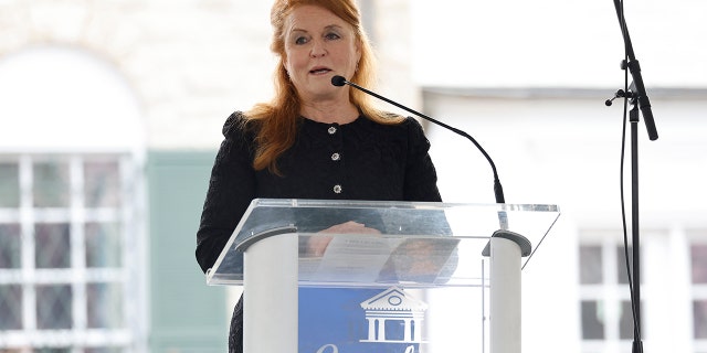 Sarah Ferguson, Duchess of York, speaks at the public memorial for Lisa Marie Presley on Jan. 22, 2023, in Memphis, Tennessee. Presley, 54, the only child of American singer Elvis Presley, died Jan. 12, 2023, in Los Angeles.