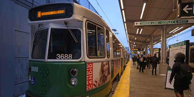 The Green Line train is show above in Medford, Massachusetts. The train got stuck on Jan. 26, 2023, causing over 100 passengers to have to be escorted on foot through the subway tunnel.