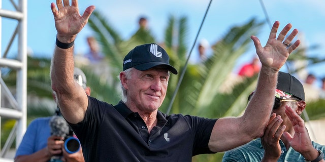 LIV Golf CEO and Commissioner Greg Norman waves during the LIV Golf Invitational - Miami on October 30, 2022 in Doral, Florida.