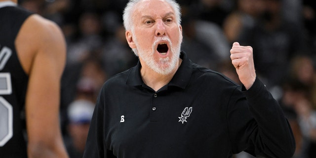 San Antonio Spurs head coach Gregg Popovich yells at a referee during the first half of an NBA basketball game against the New York Knicks, Thursday, Dec. 29, 2022, in San Antonio. 