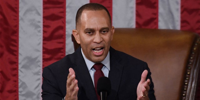 Minority Leader Hakeem Jeffries speaks after Republican Kevin McCarthy was elected speaker on the 15th ballot at the U.S. Capitol in Washington, D.C., Jan. 7, 2023.