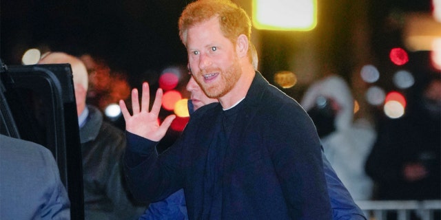 Prince Harry, Duke of Sussex is seen leaving "The Late Show With Stephen Colbert" on Jan. 9, 2023, in New York City.