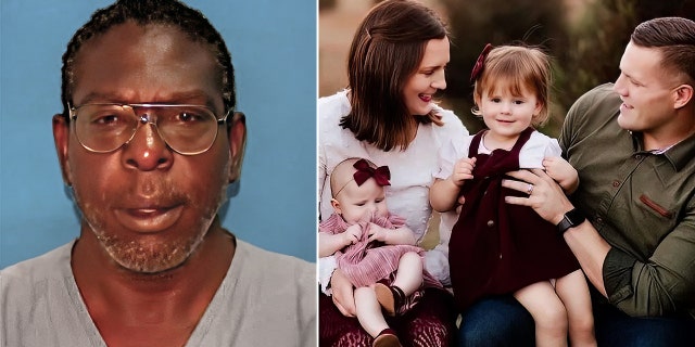 An old booking photo of Henry Tenon who is charged with the Feb. 16, 2022, murder of Jared Bridegan. A family portrait of Jared and Kirsten Bridegan and their daughters Bexley and London.