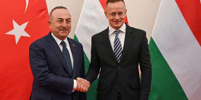 Hungarian Minister of Foreign Affairs and Trade Peter Szijjarto, right, shakes the hand of the Foreign Minister of Turkey Mevlut Cavusoglu in Budapest, Hungary, on Jan. 31, 2023. 